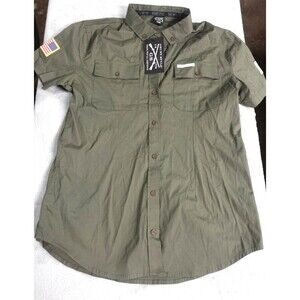 Grunt Style Button Down Shirt Womens L Large Olive Green American Flag Patch